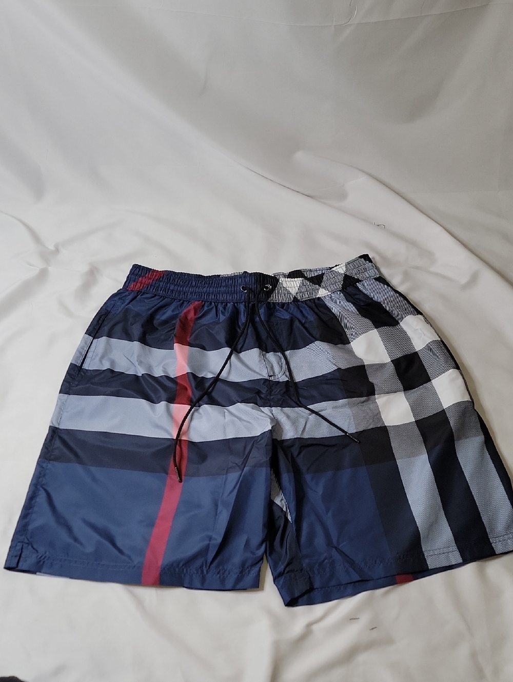 Burberry Navy Plaid Swim Trunks with Red Stripe